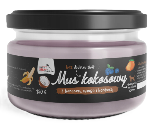 Syta Micha | Mus kokosowy z dodatkiem banana, mango, borówki i prebiotyków | Słoik 150g