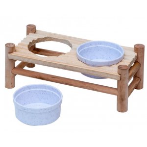 Panama Pet | Stojak z miskami dla gryzoni i królika, drewno / plastik, 24x10x8,5cm / 2x150ml