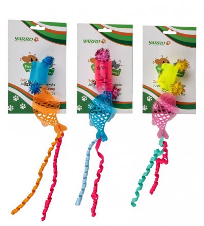 Yarro | Zabawka dla kota | Sprężynka z pomponikami, dzwoneczkiem z rybką 13cm