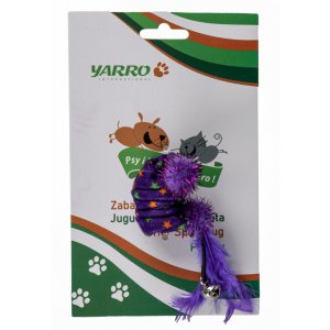 Yarro | Zabawka dla kota | Fioletowa sprężynka obszyta materiałem z małymi pomponikami 6cm z dzwoneczkiem  +  piórka