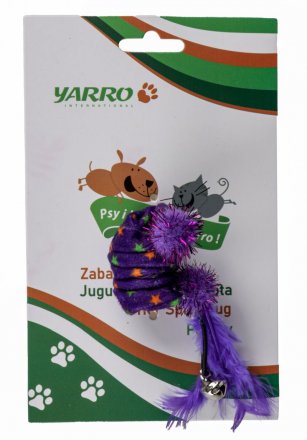 Yarro | Zabawka dla kota | Fioletowa sprężynka obszyta materiałem z małymi pomponikami 6cm z dzwoneczkiem + piórka