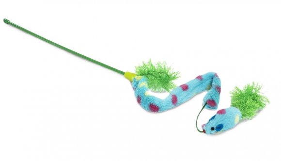 Yarro | Zabawka dla kota | Wędka z niebieskim materiałem i myszką z piórkami, dł. 40cm