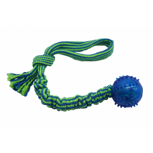 Bubu Pets | Zabawka dla psa sznur pleciony pętla z piłką jeżową ORANGE BLUE 40cm