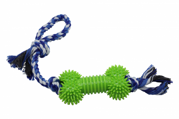 Bubu Pets | Zabawka dla psa sznur pleciony z gumową kostką TPR BLUE 45cm