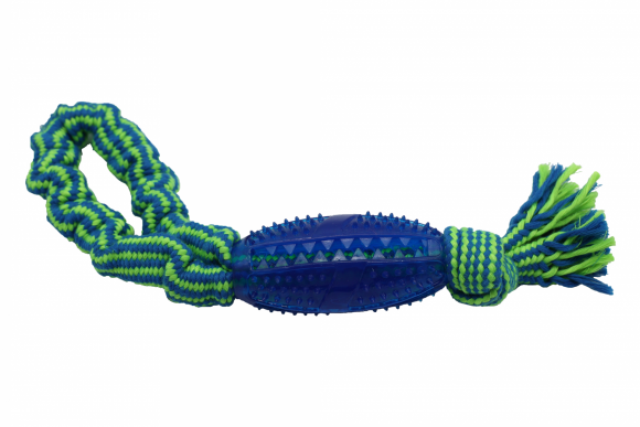 Bubu Pets | Zabawka dla psa sznur pleciony pętla z piłką rugby GREEN NEON 34cm