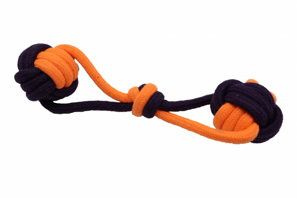 Bubu Pets | Zabawka dla psa sznur ósemka z dwoma piłkami ORANGE NEON 28cm