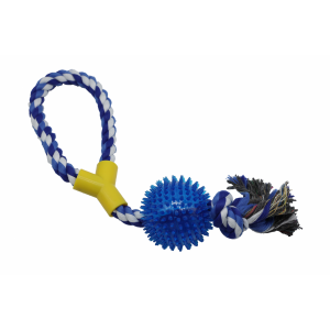 Bubu Pets | Zabawka dla psa sznur pleciony pętla z piłką jeżową BLUE 39cm