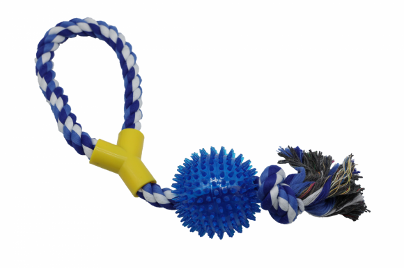 Bubu Pets | Zabawka dla psa sznur pleciony pętla z piłką jeżową BLUE 39cm